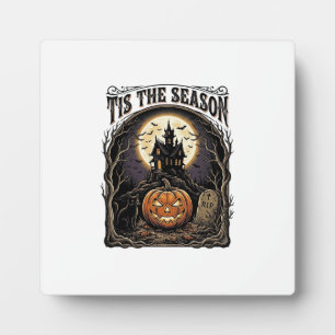 Halloween Pumpkin Cat Haunted Vintage Season Scene Plaque