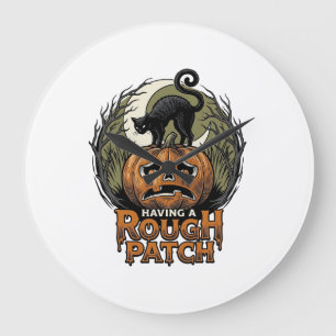 Halloween Pumpkin Cat Rough Patch Vintage Engravin Large Clock