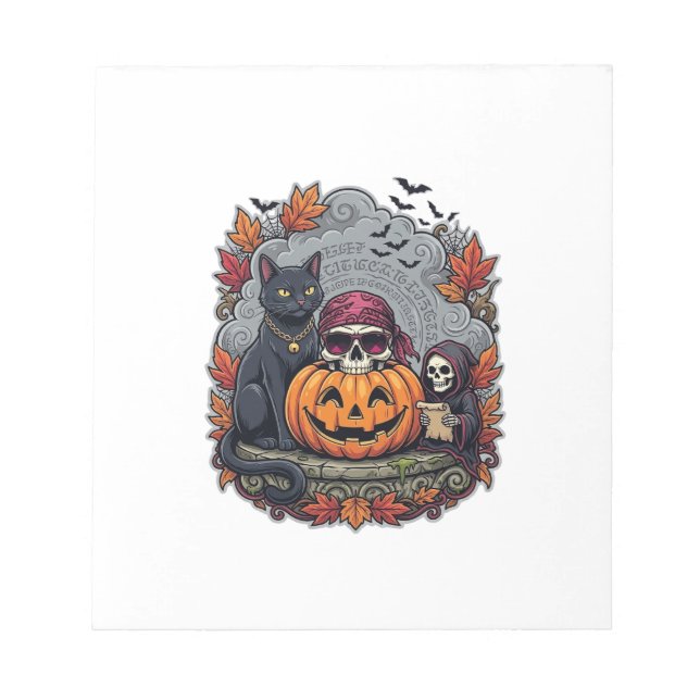 Halloween Pumpkin Cat Skull Grim Reaper Autumn Lea Notepad (Front)
