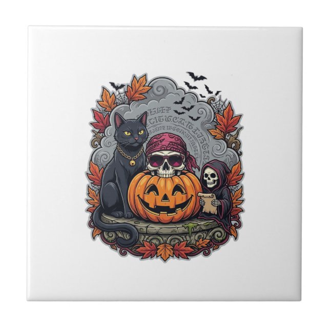 Halloween Pumpkin Cat Skull Grim Reaper Autumn Lea Tile (Front)