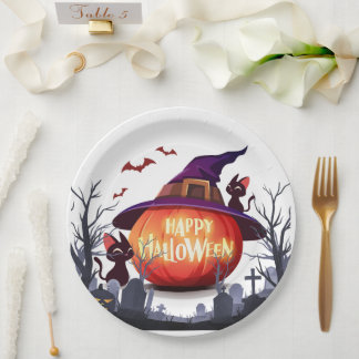 Halloween Pumpkin, Cats & Witch Ha Paper Plate