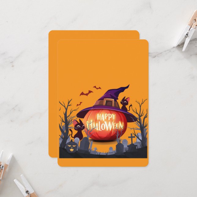 Halloween Pumpkin, Cats & Witch Hat Invitation (Front/Back In Situ)