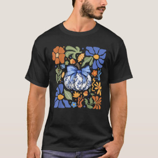 Halloween Pumpkin Chinoiserie Blue White Florals P T-Shirt