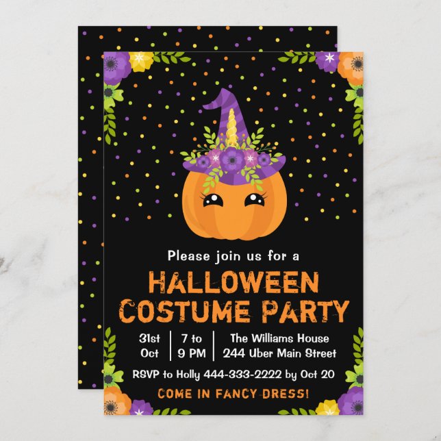Halloween Pumpkin Costume Party Black Invitation (Front/Back)