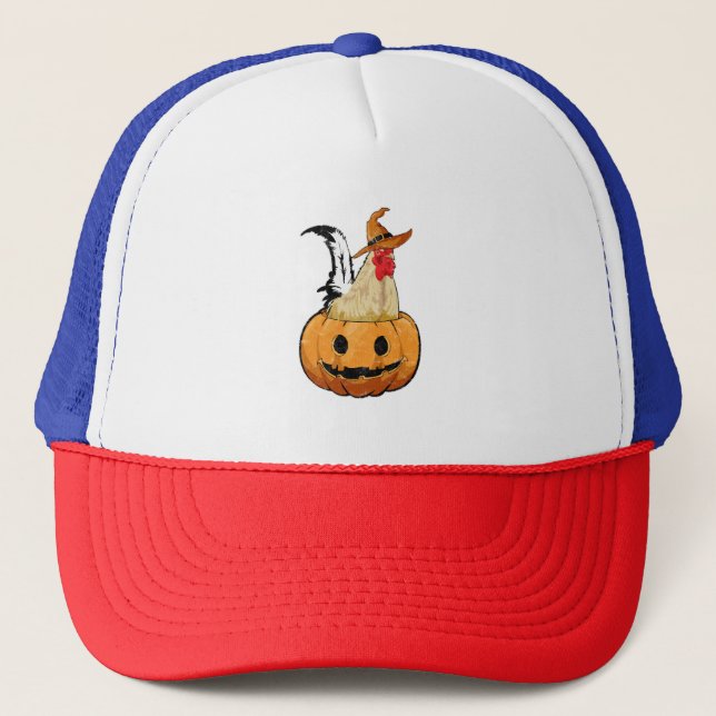 Halloween Pumpkin Cute Witch Chicken Trucker Hat (Front)