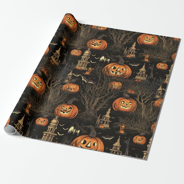 Halloween Pumpkin Dark Wrapping Paper (Unrolled)