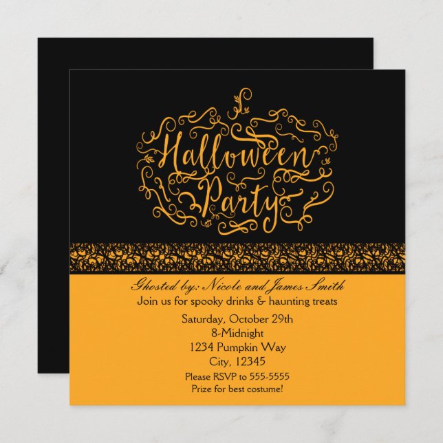 Halloween Pumpkin Elegant Black Orange Invitations (Front/Back)