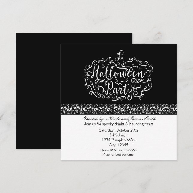 Halloween Pumpkin Elegant Black White Invitations (Front/Back)
