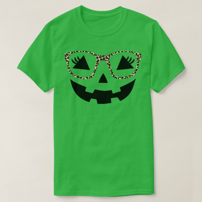 Halloween pumpkin face eyelashes leopard glasses h T-Shirt (Design Front)
