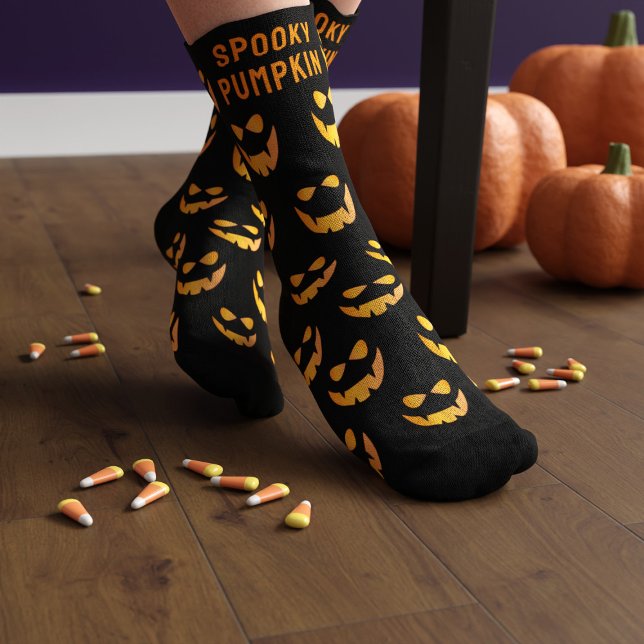 Halloween Pumpkin Face Jack O Lantern Black Socks (Spooky Pumpkin Socks 🎃 Just add your name)