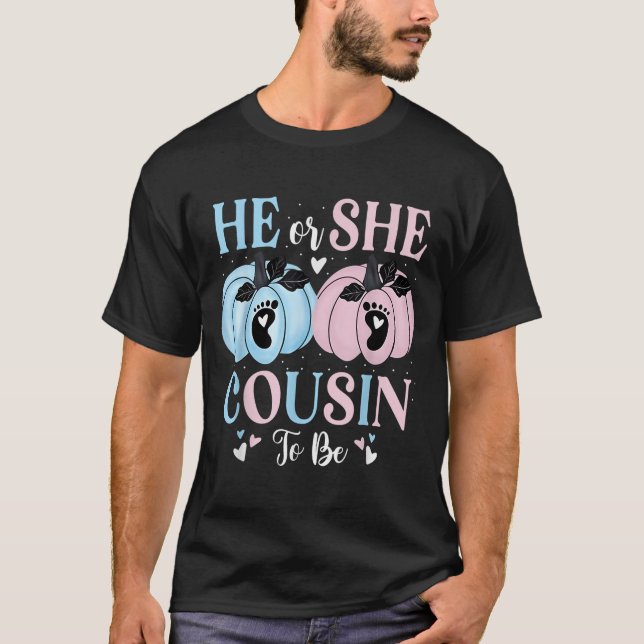 Halloween Pumpkin Gender Reveal He Or She Cousin T T-Shirt (Front)