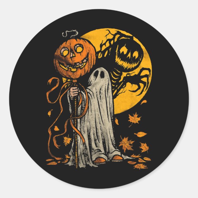 Halloween Pumpkin Ghost Autumn Leaves Graphic Art  Classic Round Sticker (Front)