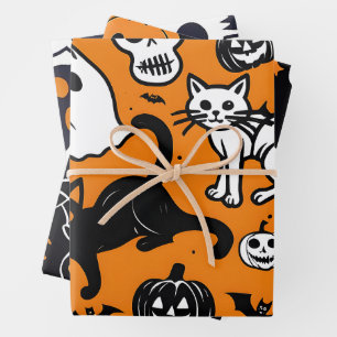 Halloween Pumpkin Ghost Black Cat Skull Wrapping Paper Sheet
