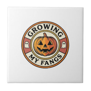 Halloween Pumpkin Growing My Fangs Vintage Badge_1 Tile