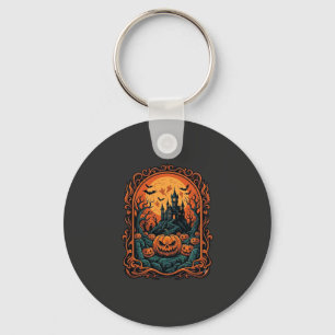 Halloween Pumpkin Haunted House Full Moon Bats Key Ring