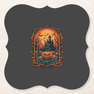Halloween Pumpkin Haunted House Full Moon Bats Paper Coaster
