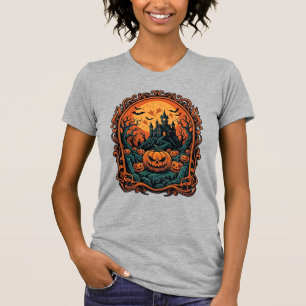 Halloween Pumpkin Haunted House Full Moon Bats T-Shirt