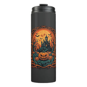 Halloween Pumpkin Haunted House Full Moon Bats Thermal Tumbler