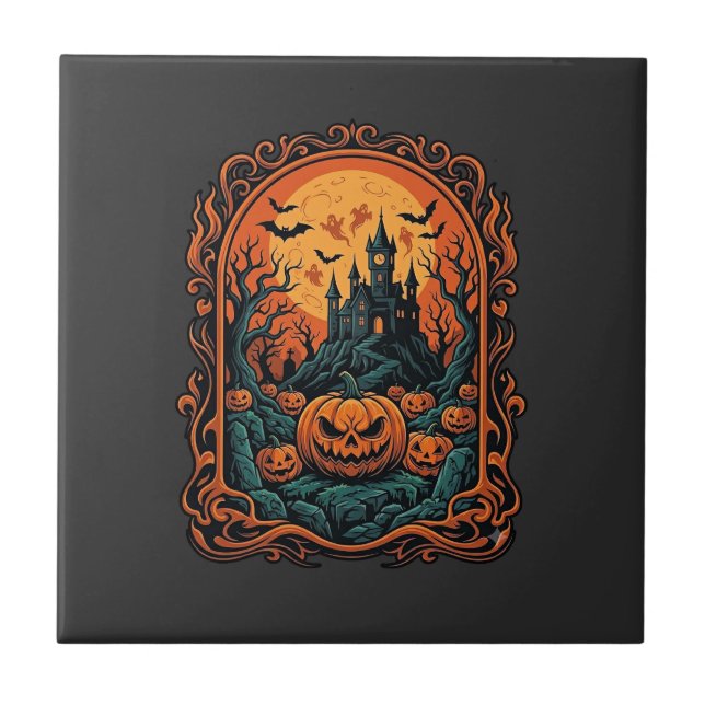 Halloween Pumpkin Haunted House Full Moon Bats Tile (Front)