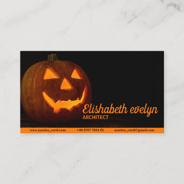 Halloween pumpkin head jack lantern on wooden business card (Front)