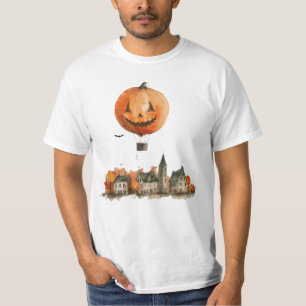 Halloween Pumpkin Hot Air Balloon Haunted Village T-Shirt