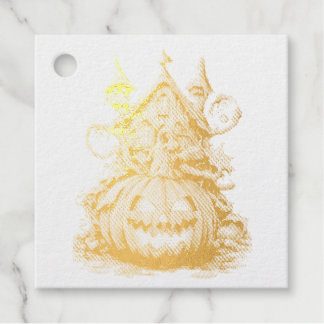 Halloween pumpkin in front of a decorated house favour tags