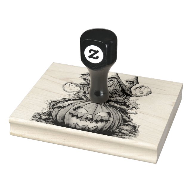 Halloween pumpkin in front of a decorated house rubber stamp (Stamp)