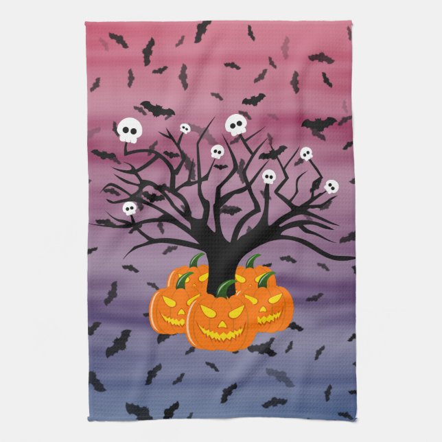 Halloween Pumpkin Jack o’ Lantern Dead Tree Tea Towel (Vertical)