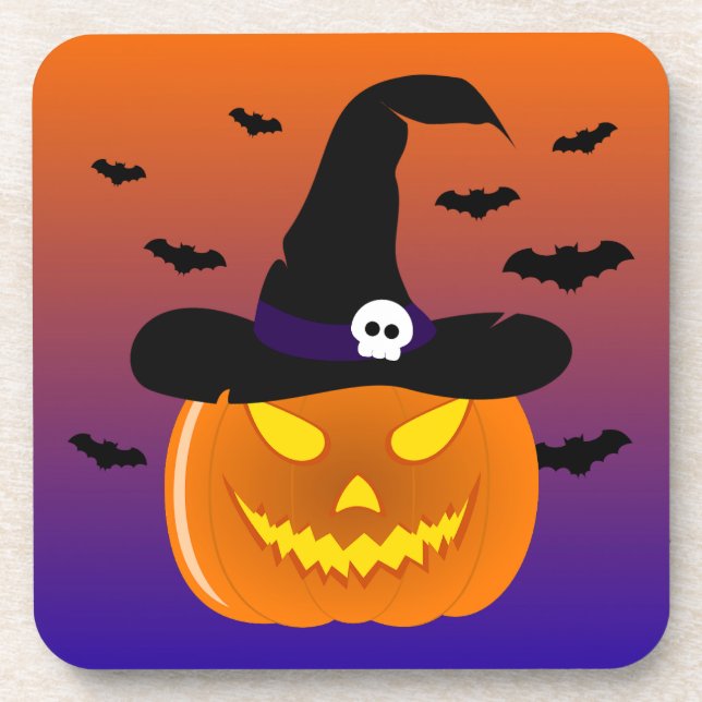 Halloween Pumpkin Jack o’ Lantern Witch Hat Coaster (Front)