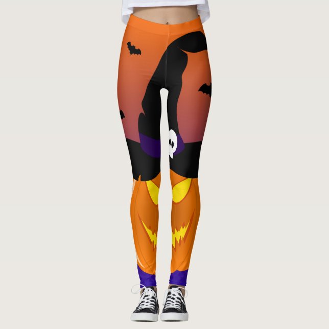Halloween Pumpkin Jack o’ Lantern Witch Hat Leggings (Front)