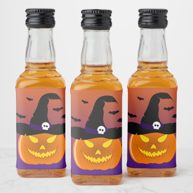Halloween Pumpkin Jack o’ Lantern Witch Hat Liquor Bottle Label (Bottles)