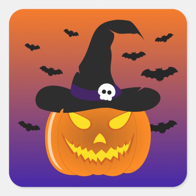 Halloween Pumpkin Jack o’ Lantern Witch Hat Square Sticker (Front)