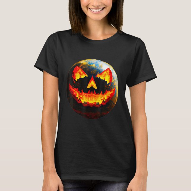 Halloween Pumpkin Jackoantern Spooky face Earth fr T-Shirt (Front)