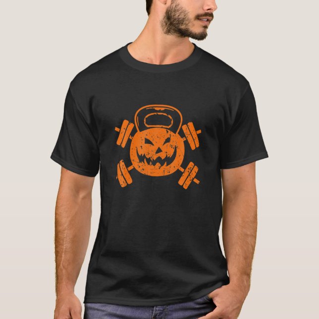 Halloween Pumpkin Kettlebell Fitness Workout Gymme T-Shirt (Front)