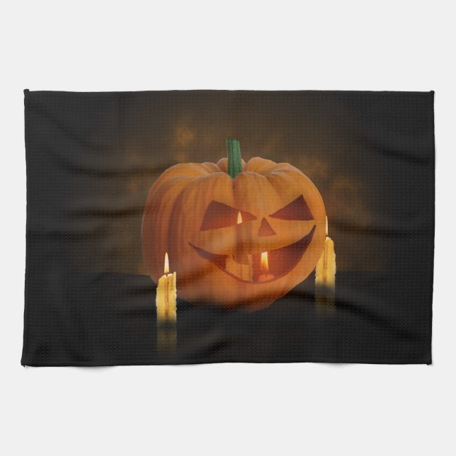 Halloween Pumpkin Lantern with Candles Tea Towel (Horizontal)