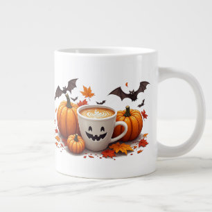 Halloween Pumpkin Latte With Bats And Autumn Leave Large Coffee Mug