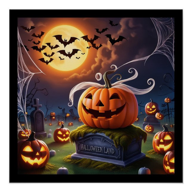 Halloween Pumpkin on a Headstone Poster (Front)
