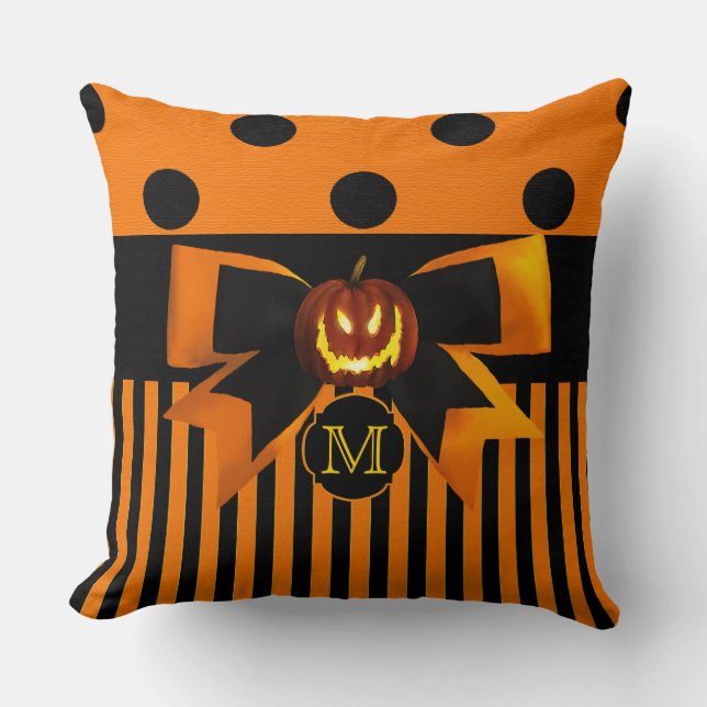 Halloween Pumpkin Orange and Black Pillow Monogram (Front)