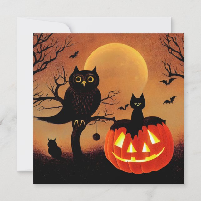 Halloween pumpkin, owl and cat at night. card (Front)