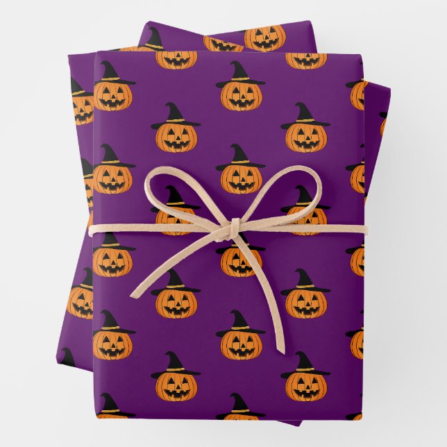 Halloween Pumpkin Pattern Purple Wrapping Paper (In situ)