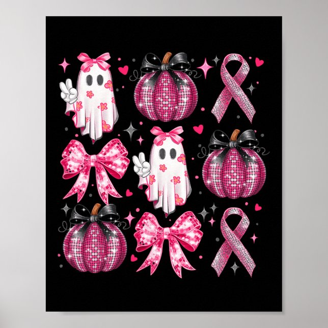 Halloween Pumpkin Pink Ribbon Disco Ghost Bow Brea Poster (Front)