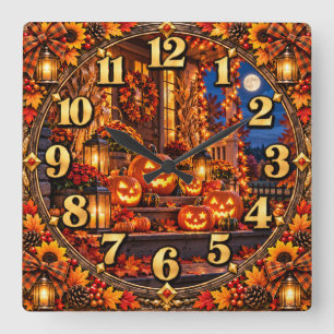 Halloween Pumpkin Porch Autumn Night Square Wall Clock