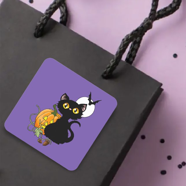 Halloween Pumpkin Purple Black Cat Square Sticker (Creator Uploaded)