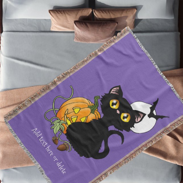Halloween Pumpkin Purple Black Cat Throw Blanket (Creator Uploaded)