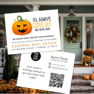 halloween pumpkin real estate client referrals announcement postcard