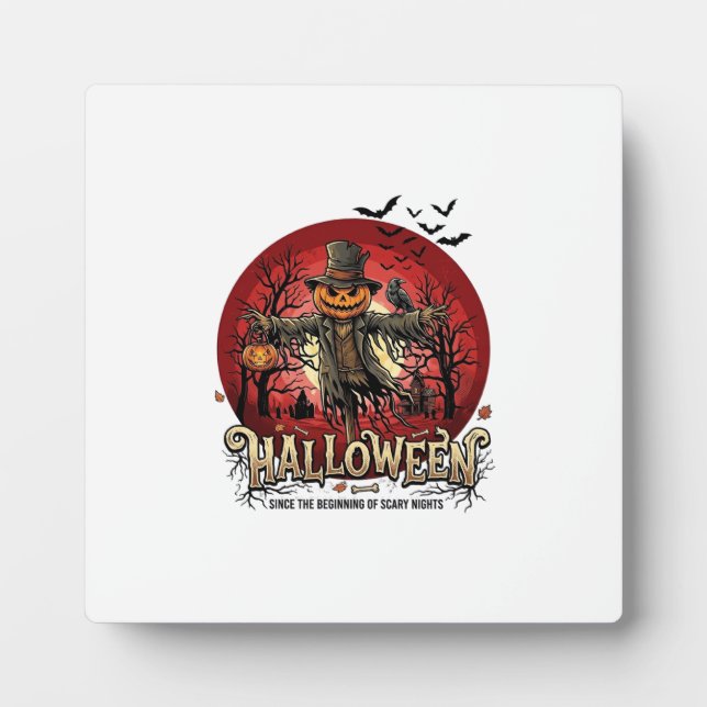 Halloween Pumpkin Scarecrow Raven Bats_1 Plaque (Front)