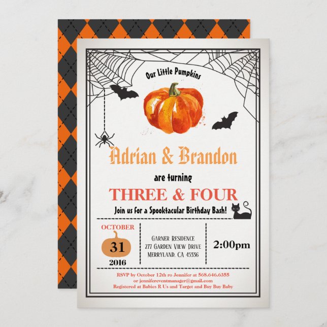 Halloween pumpkin siblings joint birthday party invitation (Front/Back)