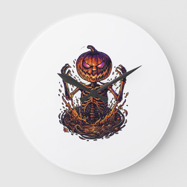 Halloween Pumpkin Skeleton Magic Portal Flames_1 Large Clock (Front)