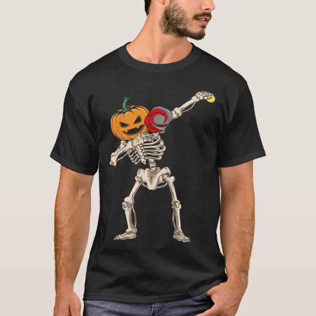Halloween Pumpkin Skeleton Pickleball Dabbing T-Shirt (Front)