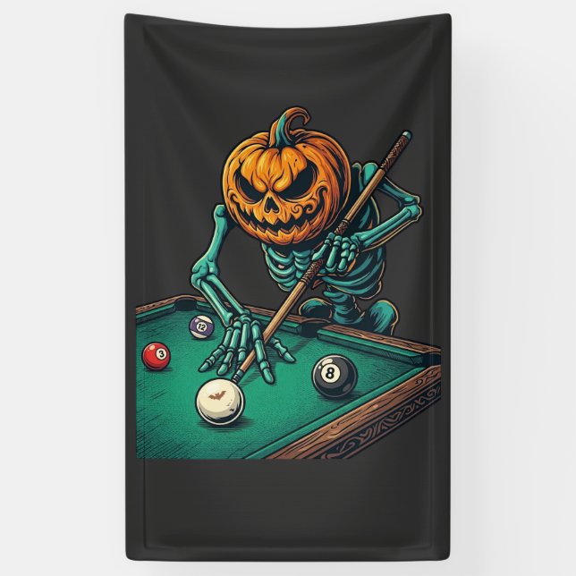 Halloween Pumpkin Skeleton Playing Pool Billiards  Banner (Vertical)